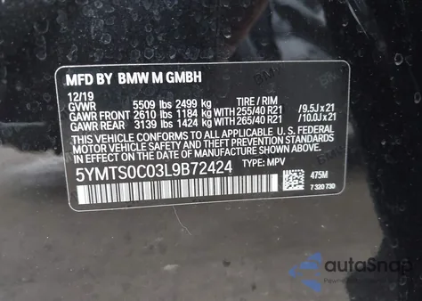 2020 BMW X3 M Competition z USA, uszkodzony, nr VIN 5YMTS0C03L9B72424